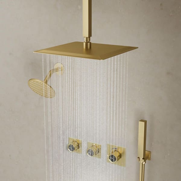 3-Handles Thermostatic Valve 5-Spray 12 and 6 in 2.5 GPM Shower Faucet with 2-Function Handheld in Brushed Gold