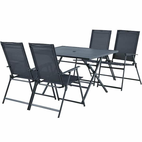 ANGELES HOME 5-Piece Metal Outdoor Dining Set with 4-Armchairs and Dining Table, Umbrella Hole