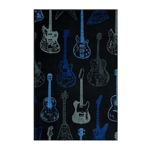 Guitar Montage Blue 3 ft. 4 in. x 5 ft. Area Rug