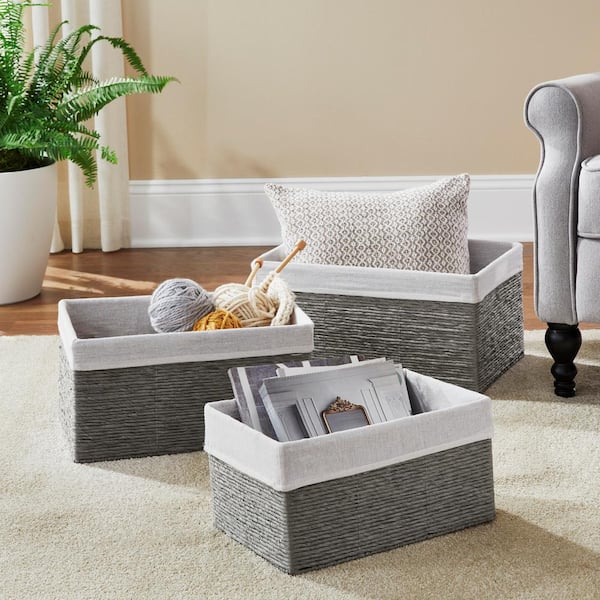 4 Pack Rectangular Wicker Storage Baskets with Liners - Small Decorative  Bins for Organizing Shelves (2 Sizes, Gray)
