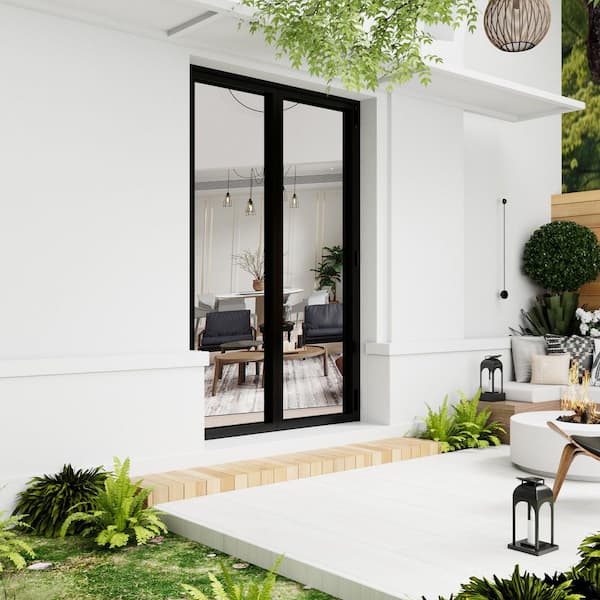 72 in. x 80 in. Right Swing/Outswing Double Tempered Glass Black Aluminum Folding Patio Door (2-Folding)