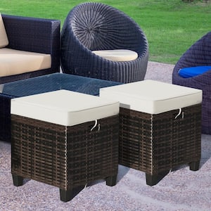 Brown Wicker Outdoor Ottoman with Khaki Cushion (2-Pack)