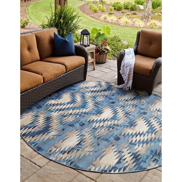 Outdoor Aztec Blue 8' 0 x 8' 0 Round Rug
