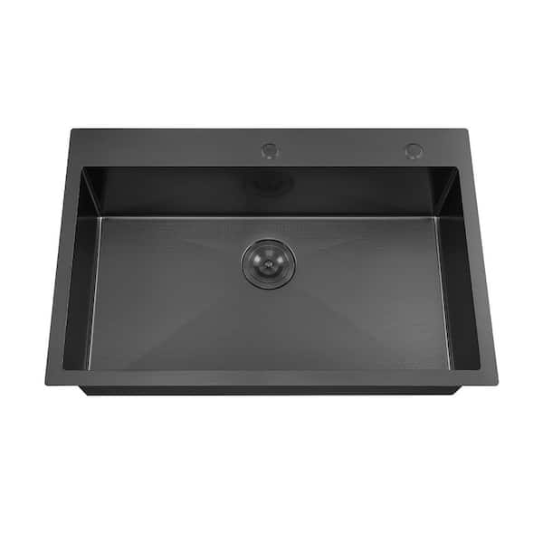 33 in. Drop in Single bowl 18-Gauge Nano Black Stainless steel Scratch Resistant Kitchen Sink with Strainer