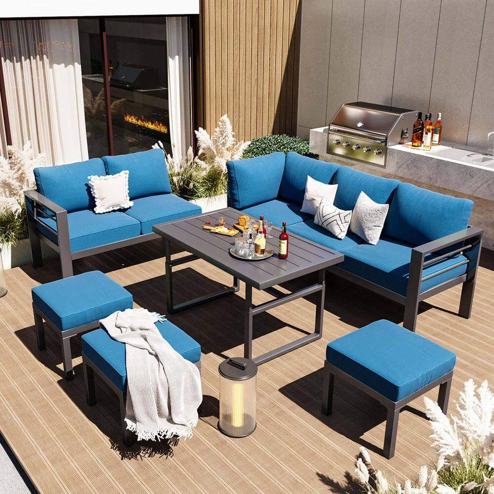 7-Piece Black Aluminum Outdoor Conversation Set with Blue Cushions and 1-Re