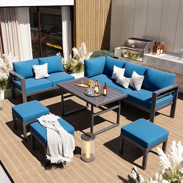 Unbranded 7-Piece Black Aluminum Outdoor Conversation Set with Blue Cushions and 1-Rectangular Coffee Table