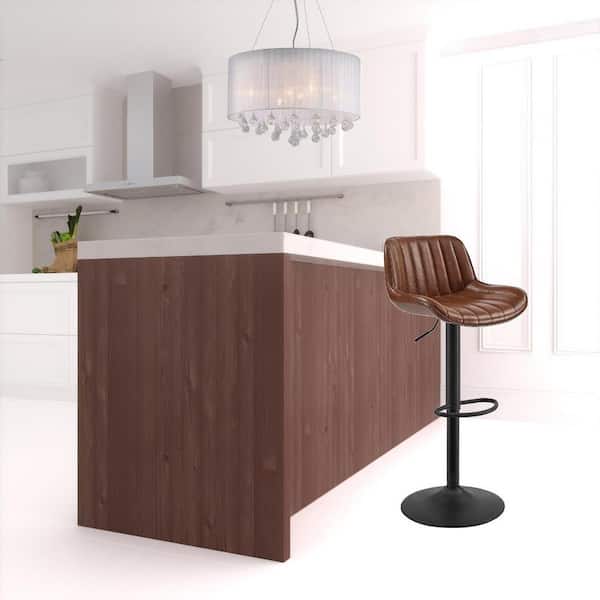 HomeRoots 31.49 in. Brown Low Back Metal Adjustable Height Bar Chair with Faux Leather Seat Set of 2
