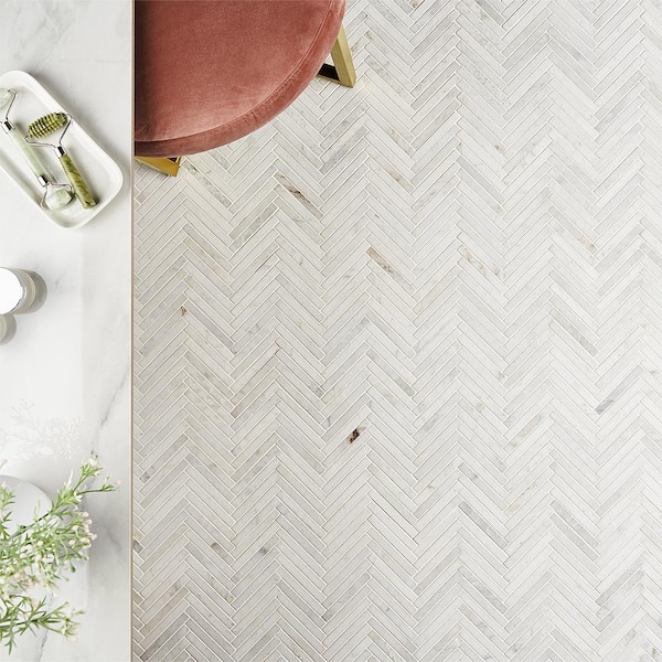 Arctic White 11 in. x 11.61 in. Herringbone Polished Marble Mosaic Tile (0.89 sq. ft./Sheet)