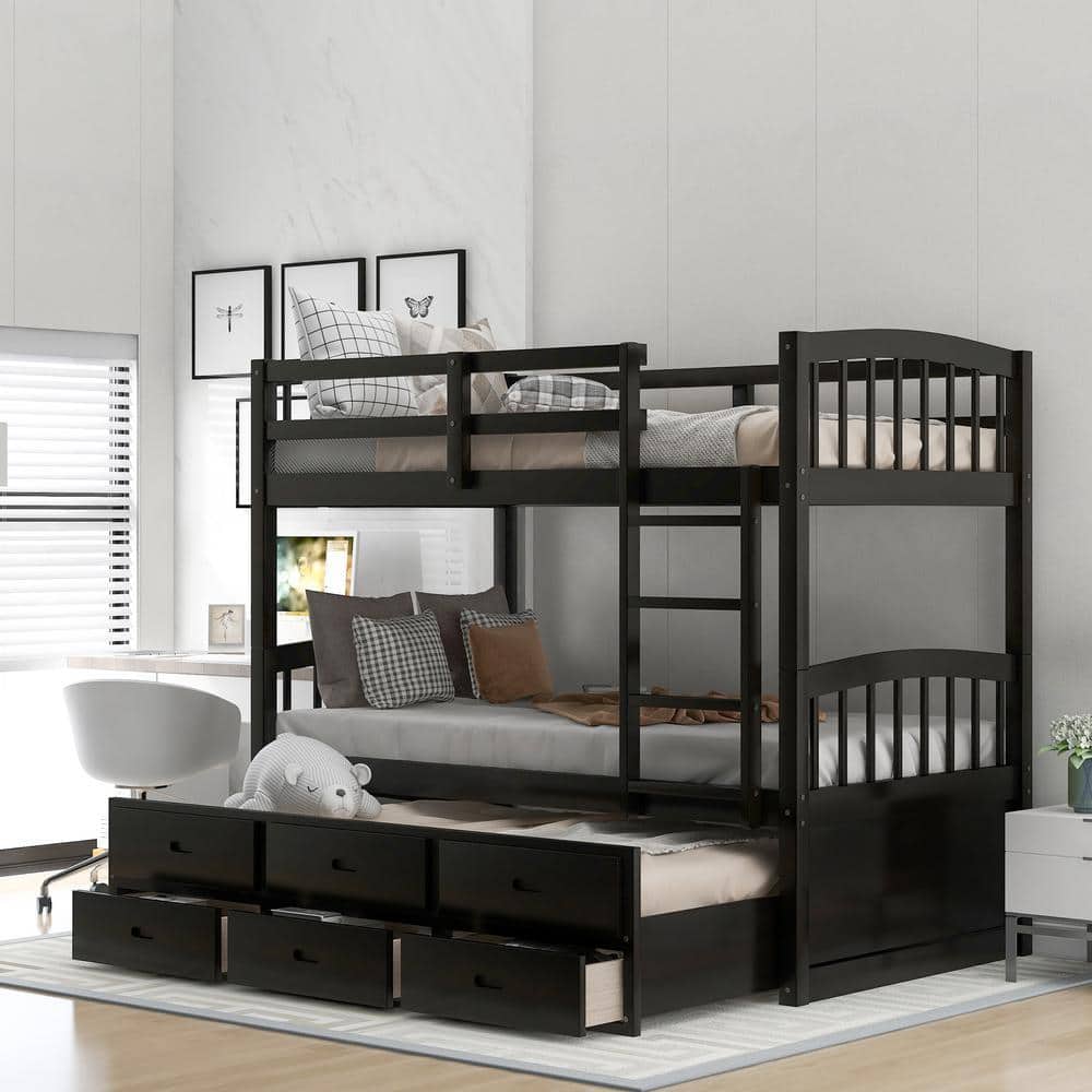 Qualler Espresso Twin over Twin Wood Bunk Bed with Trundle and Drawers ...