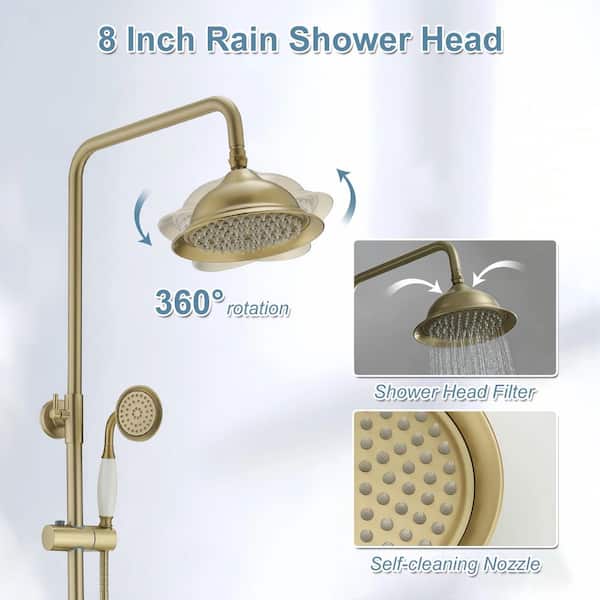 3-Spray Wall Slid Bar Round Rain Shower Faucet with Hand Shower 2 Cross Handles in Brushed Gold (Valve Included)