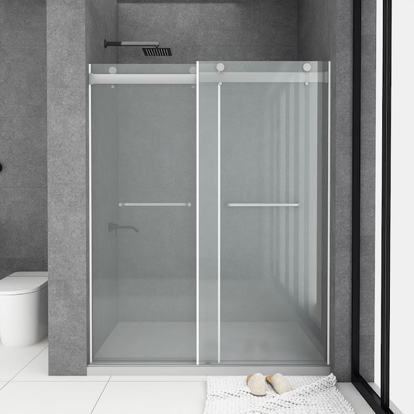 Boosicavelly 60 in. W x 76 in. H Double Sliding Frameless Shower Door in Brushed Nickel Finish with Clear Tempered Glass