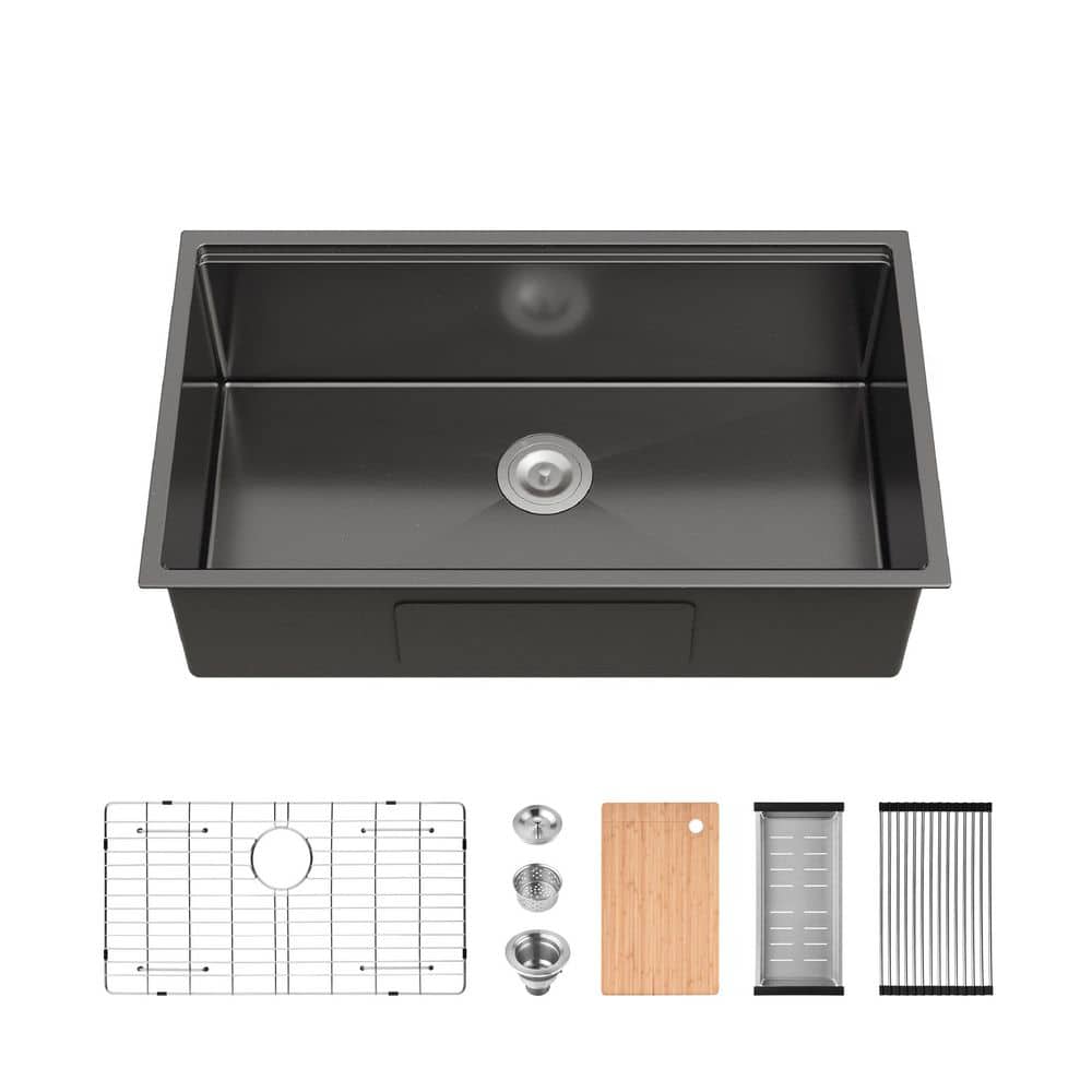 Undermount Sink 33 in. x 19 in. Undermount Flying Rain Waterfall Single Bowl Stainless Steel Kitchen Sink in Black price history on PriceWatchPro