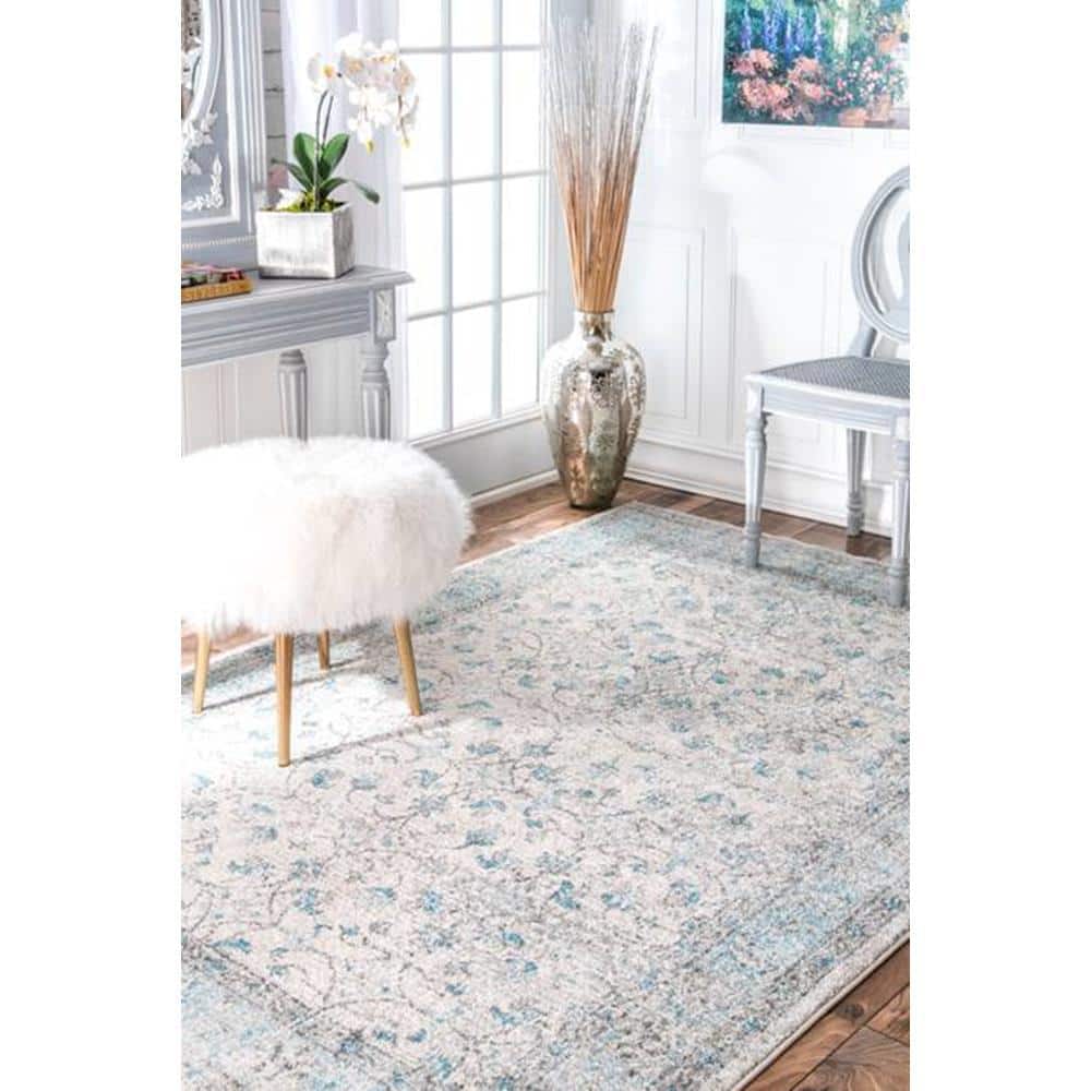 Aqua Blue Floral Synthetic 10' x 14' Area Rug