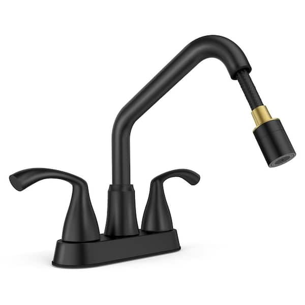 4 in. 2-Handles Matte Black Laundry Sink Faucet, Utility Sink Faucet with Pull Out Sprayer, Dual Handle Pull Out Faucet