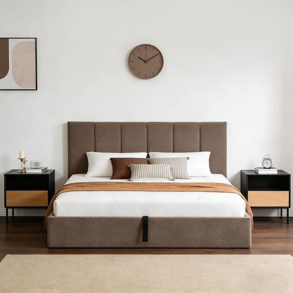 Boucle Brown Plywood Frame King Size Linen Upholstered Platform Bed with Lifting Storage