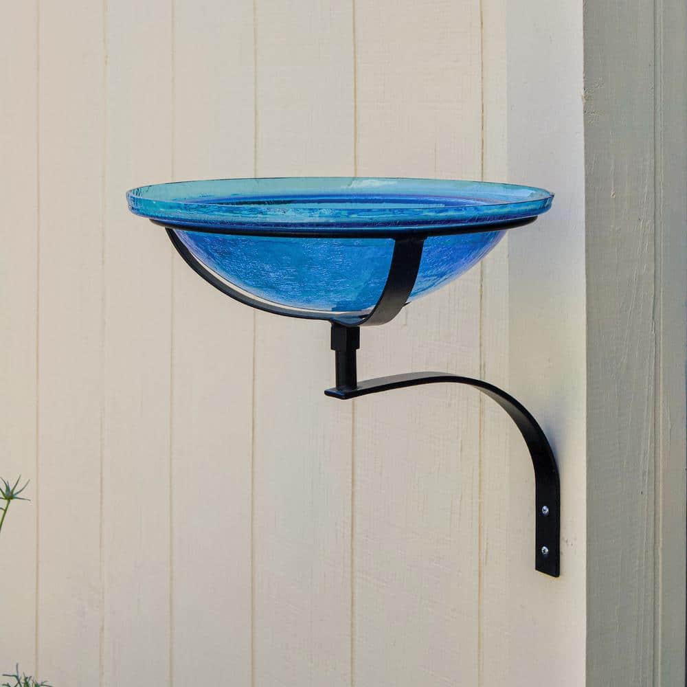 Teal Crackle Glass Birdbath Bowl with Wall Mount Bracket