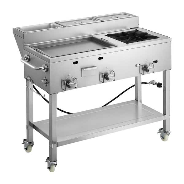 Outdoor Propane Griddle, 3 Burners 34,800 BTU Commercial Stainless Steel Griddle Portable Cart w/ Wheels and Food Pans