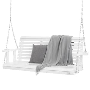 2-Person Wooden Hanging Porch Patio Swing with Chains, Upgraded 880 lbs. Strong Load Capacity for Backyard-White