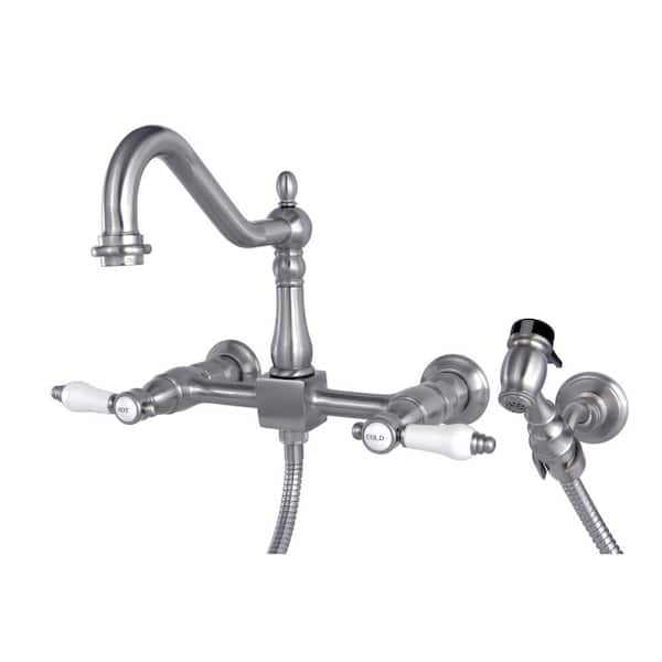 Kingston Brass Victorian 2-Handle Wall-Mount Kitchen Faucet with Side Sprayer in Brushed Nickel