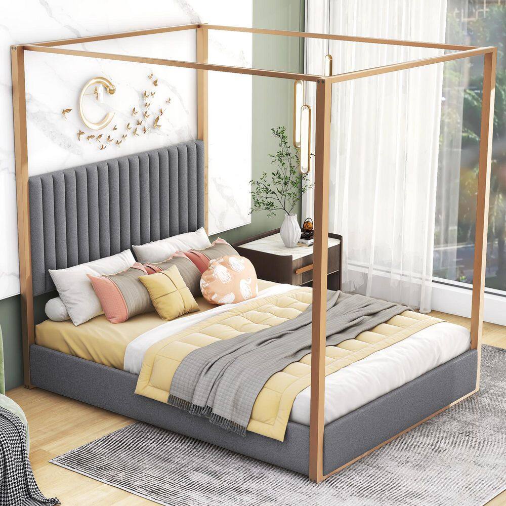 Harper Bright Designs Channel Tufted Gray and Gold Metal Frame Queen Size Linen Upholstery Canopy Bed with Foam Filled Headboard QHS298AAE The