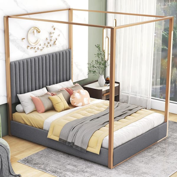 Harper & Bright Designs Channel-Tufted Gray and Gold Metal Frame Queen Size Linen Upholstery Canopy Bed with Foam-Filled Headboard