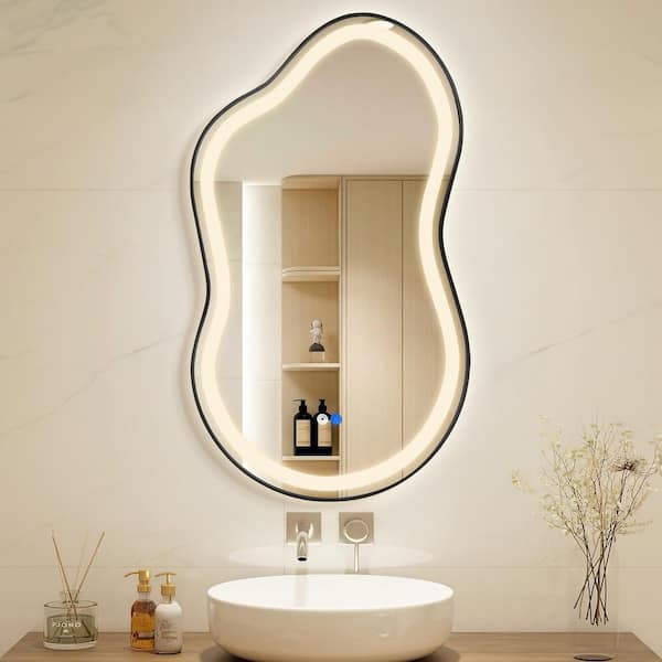 46 in. W x 26 in. H Asymmetrical Black Framed LED Light Anti-fog 3-Colors Dimmable Irregular Wall Mirror