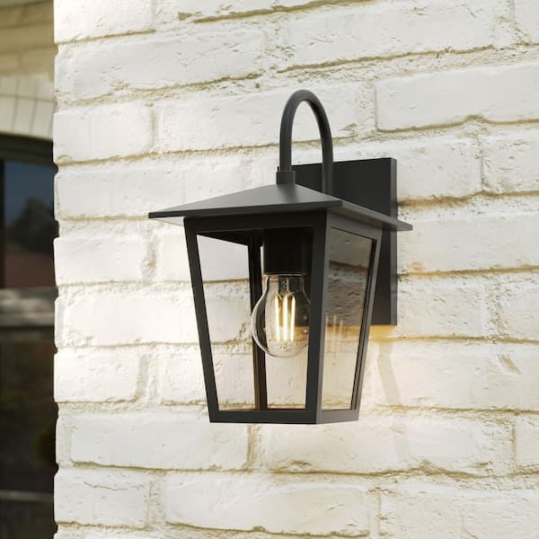 Rosebrook 12 in. 1-Light Black Outdoor Hardwired Wall Lantern Sconce with Clear Glass Shade