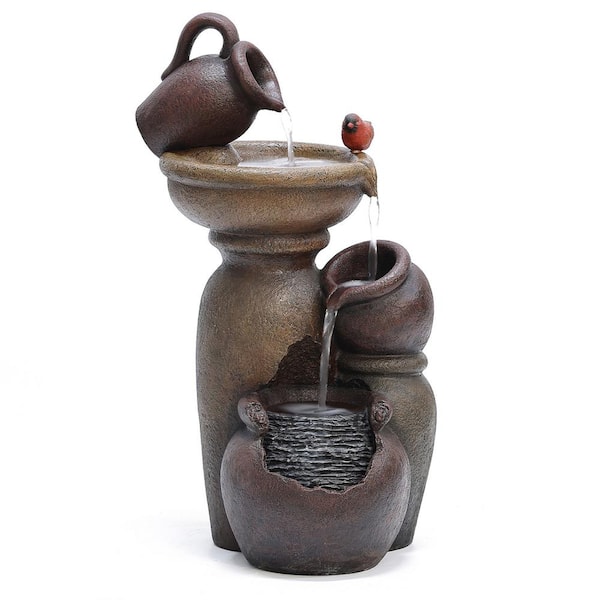 LuxenHome Cement/Resin Roma Pitcher and Pot Tiered Outdoor Patio Fountain