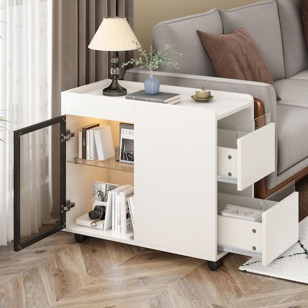 Harper & Bright Designs Movable 27.5 in. White Rectangle Wood End Table with LED light, Transparent Brown Tempered Glass Door, Shelves 2-Drawers