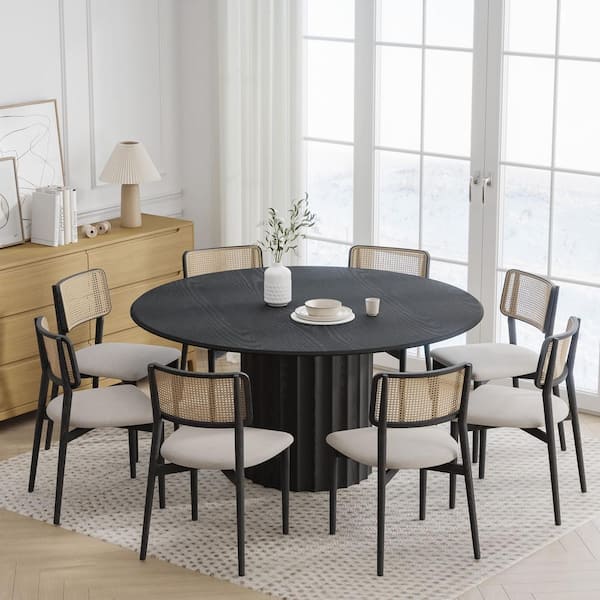 Dovelina 60 in. Natural Oak Wood Black Color Column Pedestal Round Kitchen Table Dining Table Seats 6