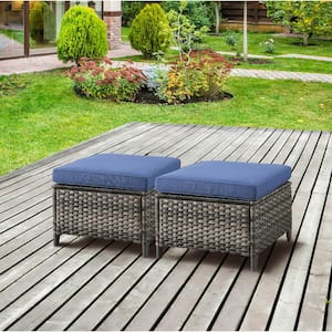 Gray Wicker Outdoor Ottoman, All-Weather Patio Ottomans (Set of 2) PE Wicker Steel Frame with Blue Cushions (2-Pack)