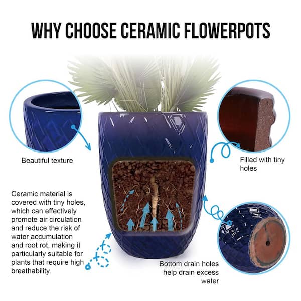 21.26 in. Round Dark Blue Ceramic Flower Pot with Drainage Hole-Frost and Weather Resistant