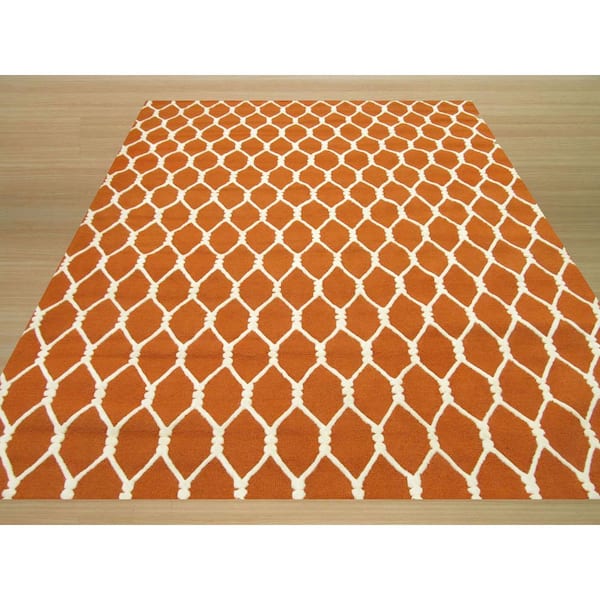 Orange Hand-Tufted Wool Transitional Chain-Link Rug, 6' x 6', Area Rug
