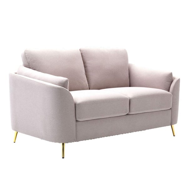 Benjara 34.5 in. Beige and Gold Solid Polyester 2-Seater Loveseat with Metal Legs and Loose Pillow Back