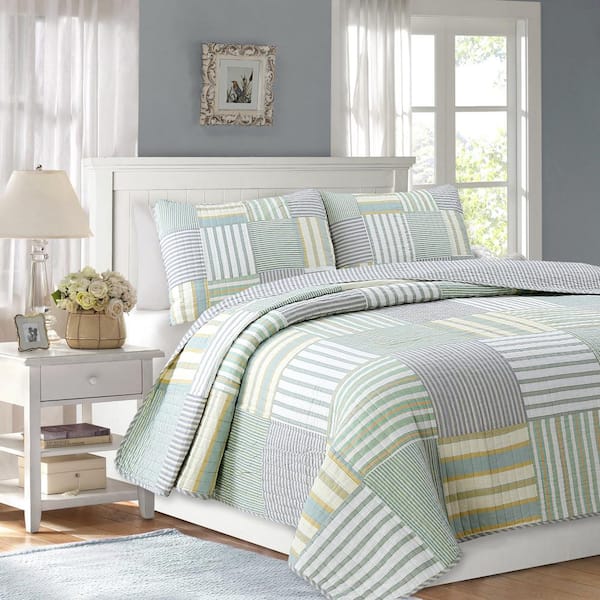 Cozy Line Home Fashions Tranquil Stripes 2-Piece Square Patchwork Green Yellow Blue Cotton Twin Quilt Bedding Set