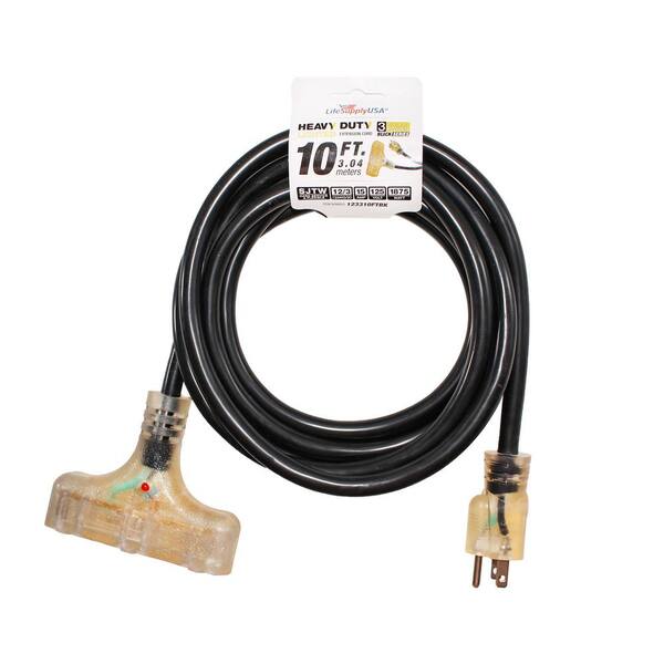 LifeSupplyUSA 10 ft. 12/3 SJTW 3-Outlet 15 Amp 125-Volt 1875-Watt Indoor/Outdoor Black Heavy-Duty Tri-Source Extension Cord (10-Pack)