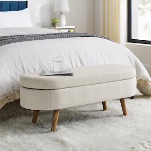 43.5 in. Linen Fabric Ottoman Oval Storage Bench with Rubber Wood Legs, Beige