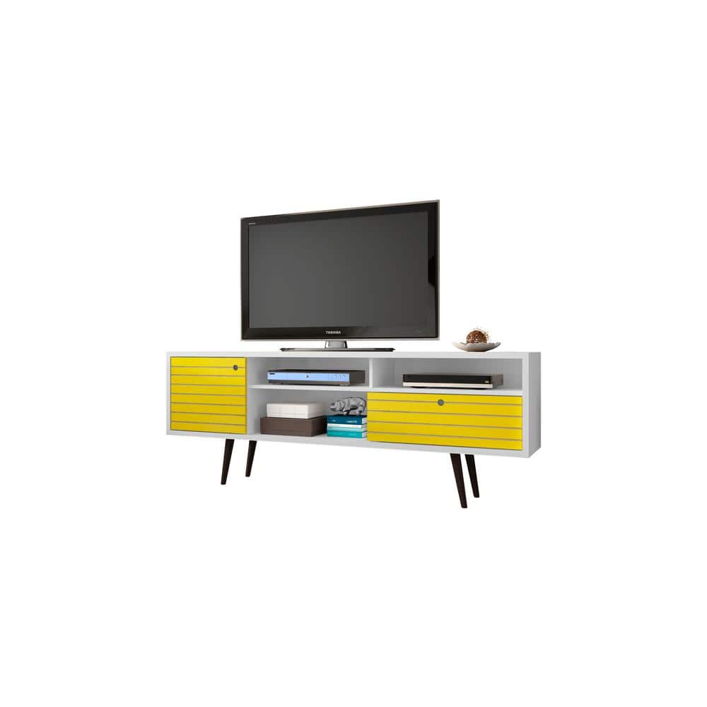 White and Yellow Mid-Century Modern TV Stand with Cabinet