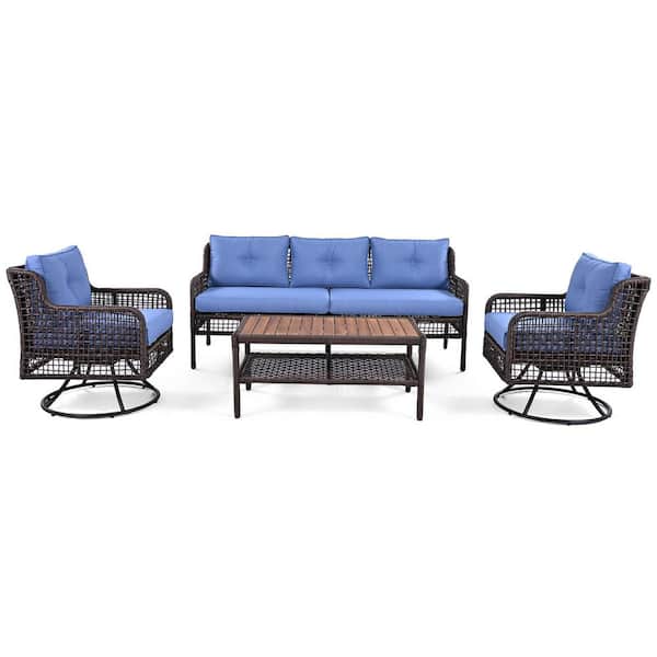 4 Pieces Blue Patio Furniture Set with Swivel Chairs,Wicker Sofas for 5-Person, Sectional Rattan Conversation Set