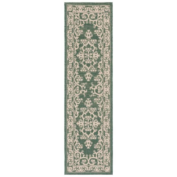 Courtyard Dark Green/Beige 2 ft. x 8 ft. Medallion Floral Indoor/Outdoor Runner Rug