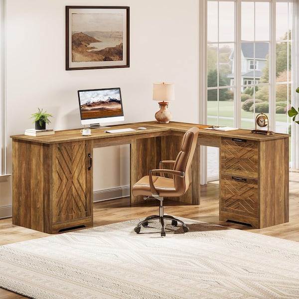 Capen 63 in. Rustic Brown L-Shaped Executive Computer Desk with File Drawer, Storage Drawer and Cabinet for Home Office