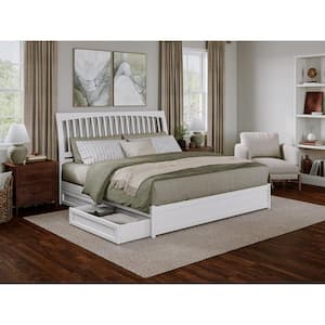 Roslyn White Solid Wood Frame King Platform Bed with Panel Footboard and Storage Drawers