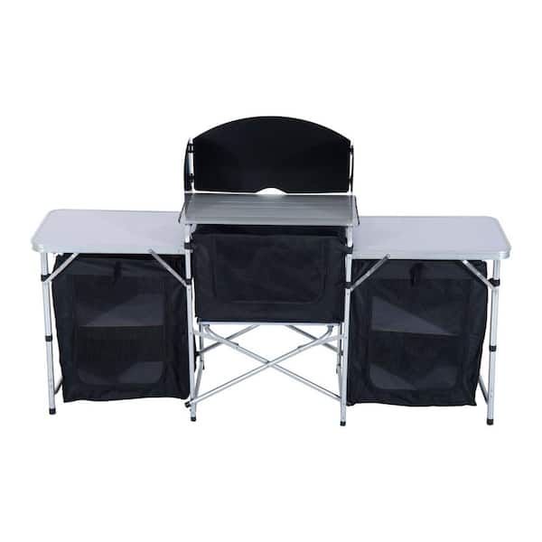 Outsunny 68.5 in. Aluminum Portable Fold-Up Camping Kitchen with Protective Windscreen and 5 Enclosed Storage Cupboards