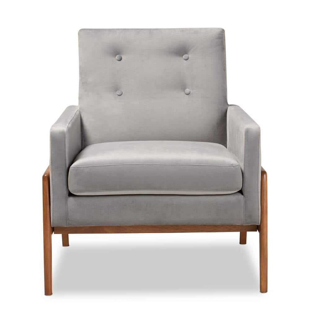Perris Grey Velvet and Walnut Brown Wood Accent Chair