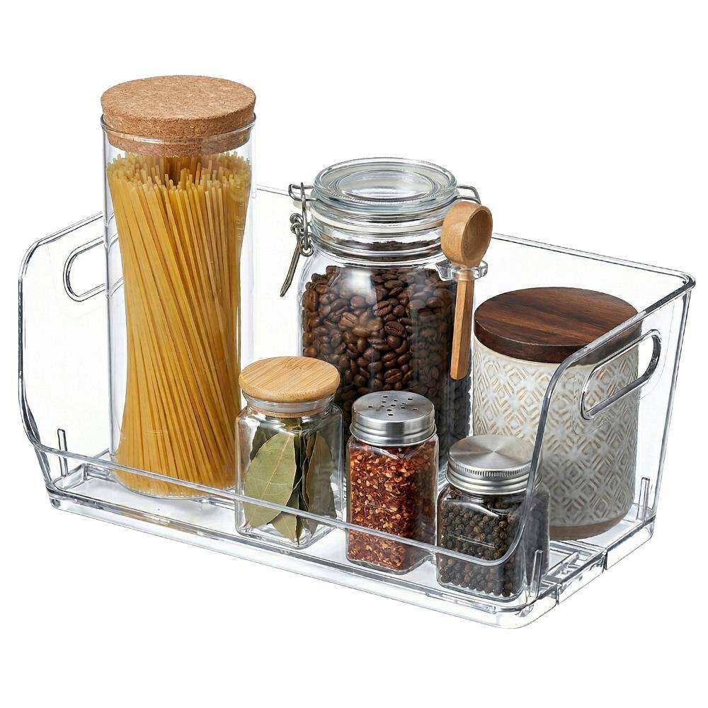 12-Inch Open-Front Clear Storage Bin with Easy-Grip Handle Stackable Transparent Plastic Organizer Container