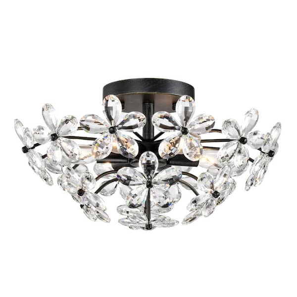 Teresa 17.7 in. Dia 6-Light Antique Black Flower Crystal Flush Mount with No Bulbs Included