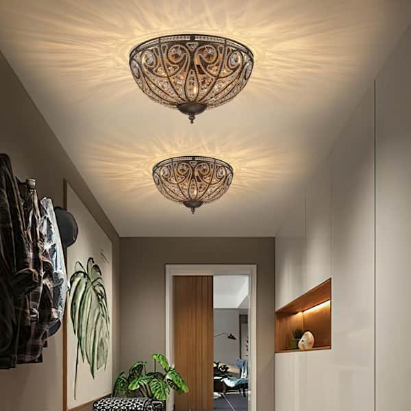Iridescent 13 in. 3-Light Antique Rust Flush Mount Vintage Classic Empire Ceiling Light with Crystal Accent for Foyer