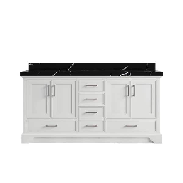 Willow Collections Charlotte 72 in. Double Sink Freestanding White Bath Vanity with Calacatta Black Qt. Top Unassembled