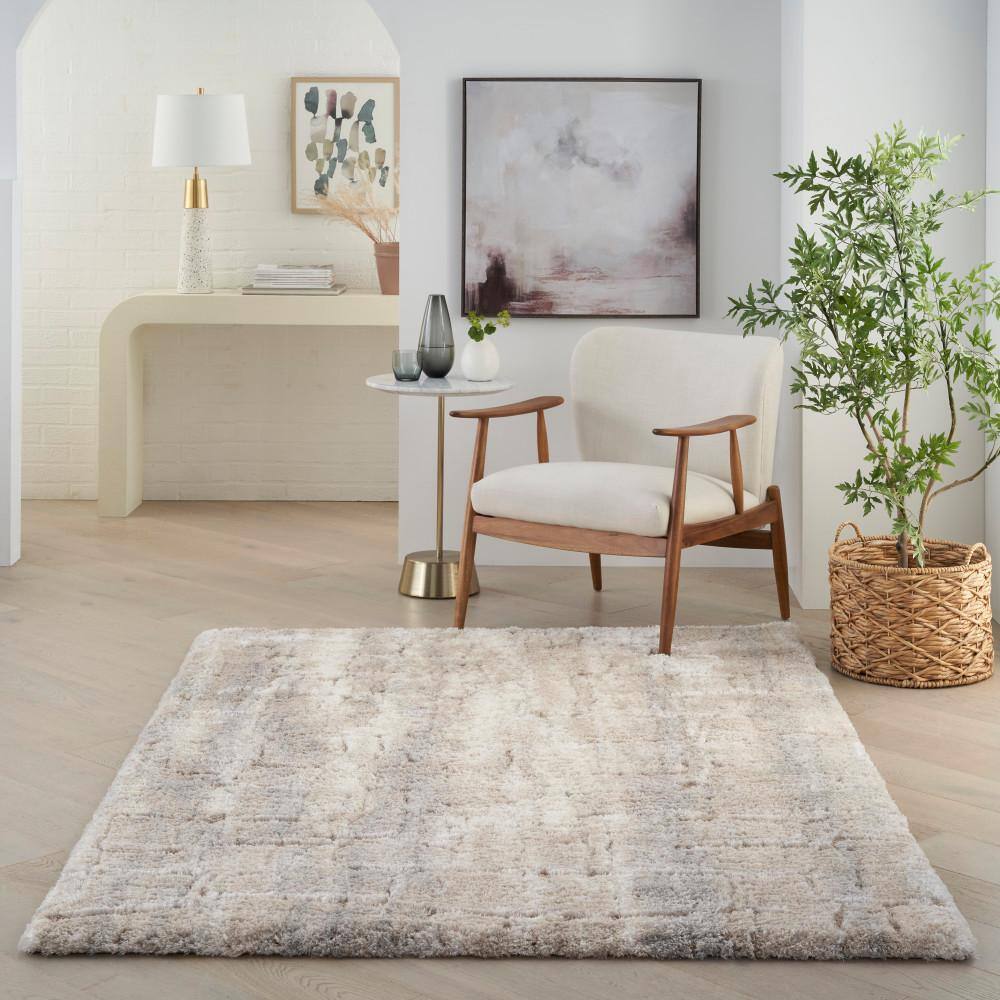 Ivory and Beige Abstract Shag Rug 4' x 6' Synthetic