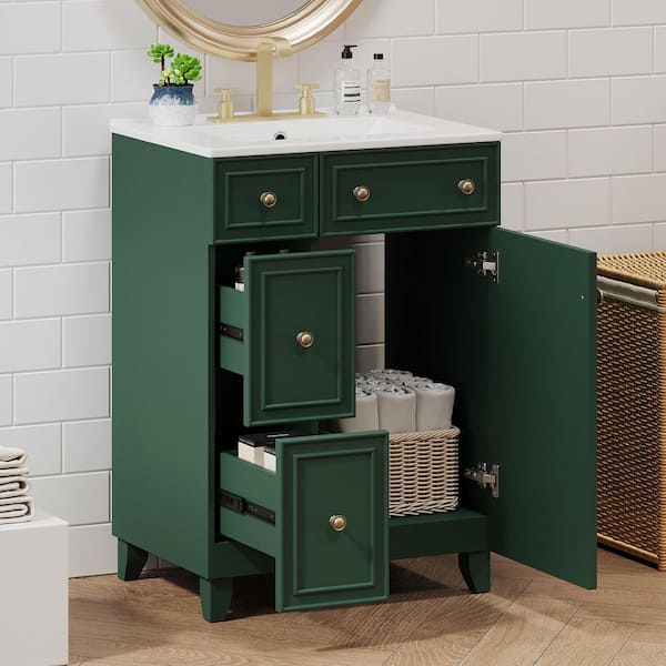 24 in. W Forest Green Bath Vanity with White Ceramic Top, 2-Drawers and Soft-Close Door